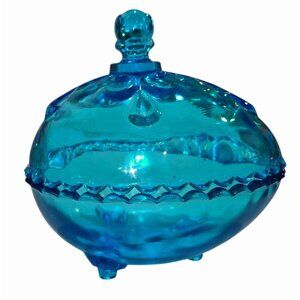 Vintage Blue Glass Candy Dish With Lid Embossed Floral Design Scalloped Edges Pe